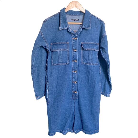 Fashion Nova Denim Romper Long Sleeves Size Small - Picture 1 of 6